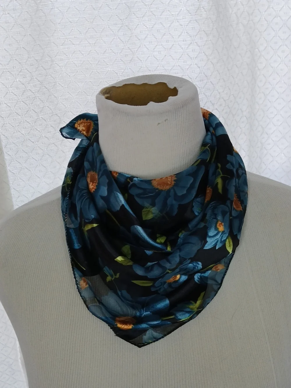 Blue Floral Satin Neck Scarf for Women